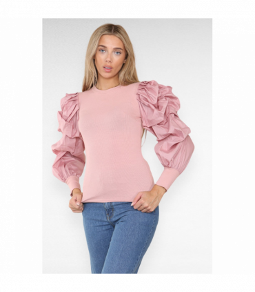 Oversized Puff Sleeves Ribbed Top