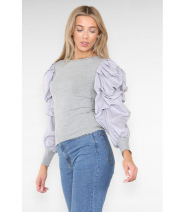 Oversized Puff Sleeves Ribbed Top
