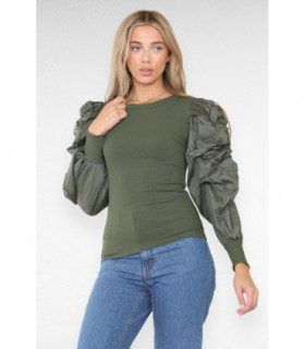 Oversized Puff Sleeves Ribbed Top