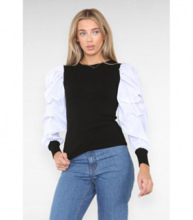 Oversized Puff Sleeves Ribbed Top