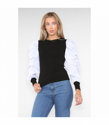 Oversized Puff Sleeves Ribbed Top