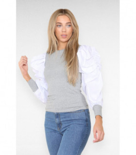 Oversized Puff Sleeves Ribbed Top