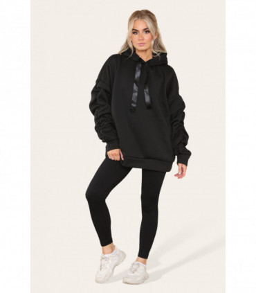 Oversized Ruched Sleeves Hoodie With Satin Ribbon