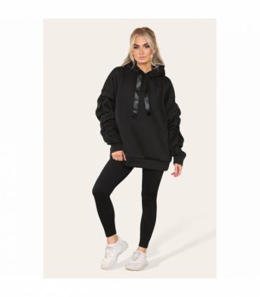 Oversized Ruched Sleeves Hoodie With Satin Ribbon