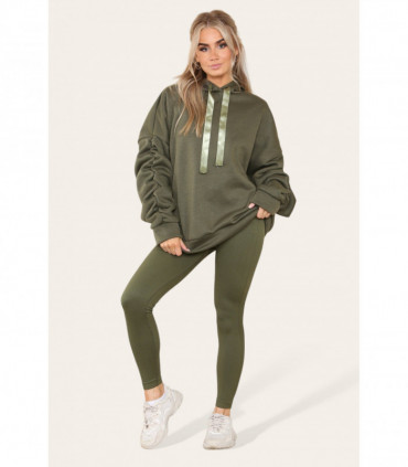 Oversized Ruched Sleeves Hoodie With Satin Ribbon