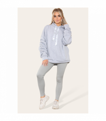 Oversized Ruched Sleeves Hoodie With Satin Ribbon