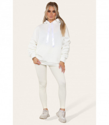Oversized Ruched Sleeves Hoodie With Satin Ribbon with High Waist High Rise Seamless Ribbed Legging Set