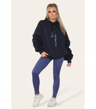 Oversized Ruched Sleeves Hoodie With Satin Ribbon with High Waist High Rise Seamless Ribbed Legging Set