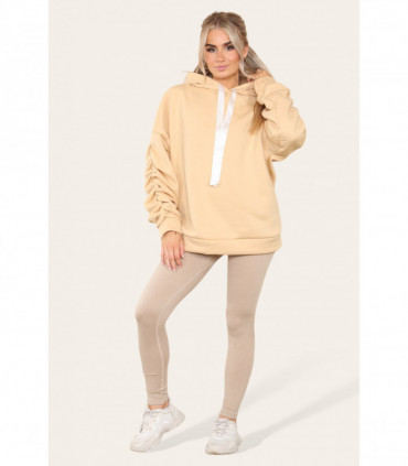 Oversized Ruched Sleeves Hoodie With Satin Ribbon with High Waist High Rise Seamless Ribbed Legging Set