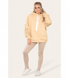 Oversized Ruched Sleeves Hoodie With Satin Ribbon with High Waist High Rise Seamless Ribbed Legging Set