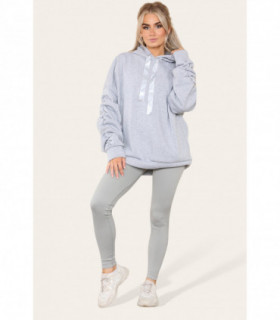 Oversized Ruched Sleeves Hoodie With Satin Ribbon with High Waist High Rise Seamless Ribbed Legging Set