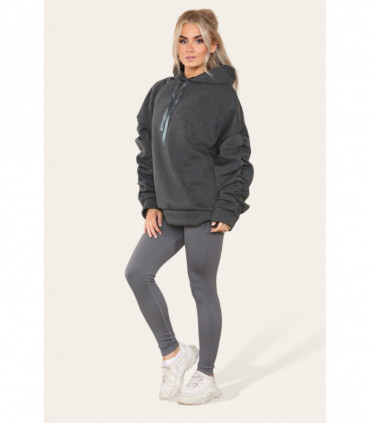 Oversized Ruched Sleeves Hoodie With Satin Ribbon with High Waist High Rise Seamless Ribbed Legging Set