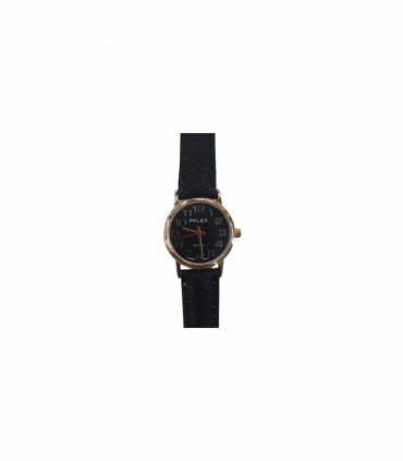 PELEX  Ladies Black Dial Black Leather Strap Quartz Watch PLX-013-GOLD-BLK-BLK
