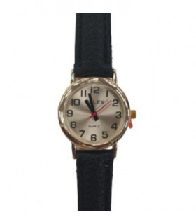 PELEX  Ladies Gold plated Dial Black Leather Strap Quartz Watch PLX-013-GOLD-GOLD-BLK