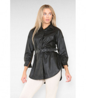 PU Faux Leather Belted Wet Look Shirt Dress