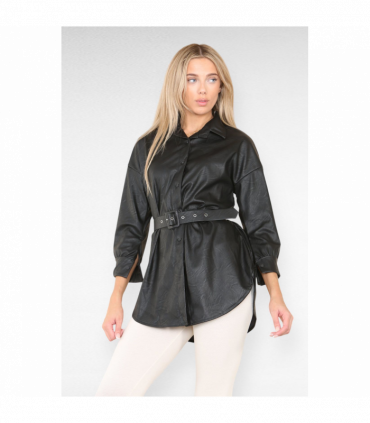 PU Faux Leather Belted Wet Look Shirt Dress