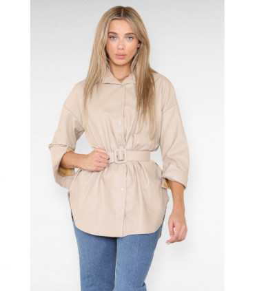 PU Faux Leather Belted Wet Look Shirt Dress