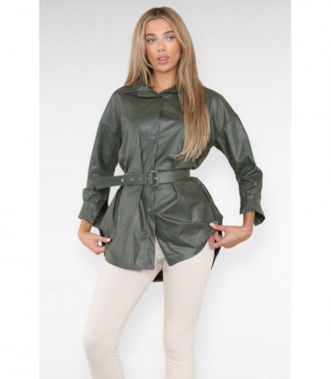 PU Faux Leather Belted Wet Look Shirt Dress