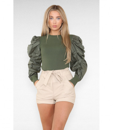 PU Faux Leather Belted Wet Look Shorts With Strap