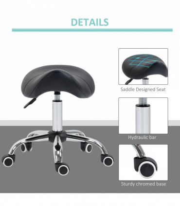 PU Leather Saddle Stool w/ Moulded Padded Seat Adjustable Height 5 Wheels Black
