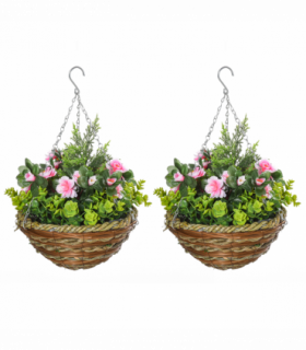 Pack of 2 Artificial Lisianthus Flowers Hanging Planter with Basket