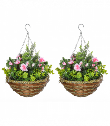 Pack of 2 Artificial Lisianthus Flowers Hanging Planter with Basket