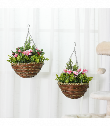 Pack of 2 Artificial Lisianthus Flowers Hanging Planter with Basket