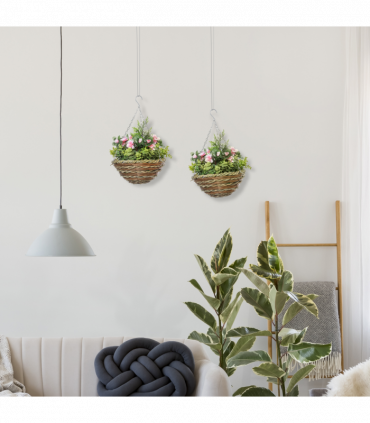 Pack of 2 Artificial Lisianthus Flowers Hanging Planter with Basket