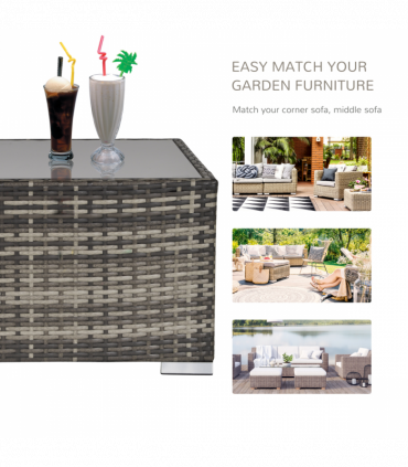 Patio Wicker Coffee Table w/ Glass Top Suitable for Garden Backyard