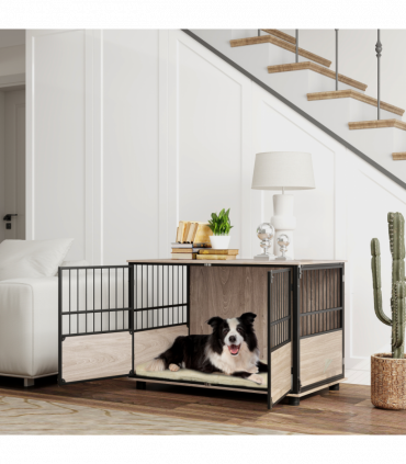 PawHut 100cm Dog Crate Furniture Dog Cage End Table Indoor w/ Doors, Cushion