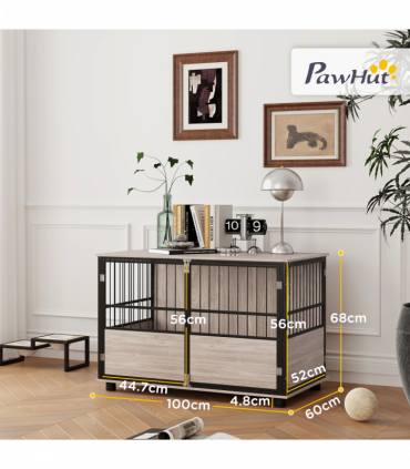 PawHut 100cm Dog Crate Furniture Dog Cage End Table Indoor w/ Doors, Cushion