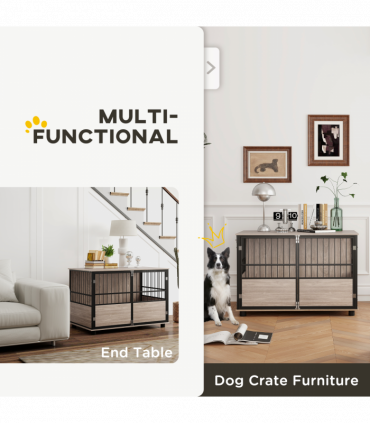 PawHut 100cm Dog Crate Furniture Dog Cage End Table Indoor w/ Doors, Cushion