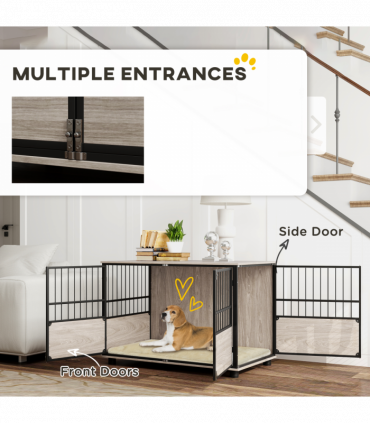 PawHut 100cm Dog Crate Furniture Dog Cage End Table Indoor w/ Doors, Cushion