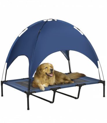PawHut 122cm Elevated Dog Bed Cooling Raised Pet Cot UV Protection Canopy Blue