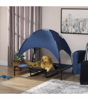 PawHut 122cm Elevated Dog Bed Cooling Raised Pet Cot UV Protection Canopy Blue
