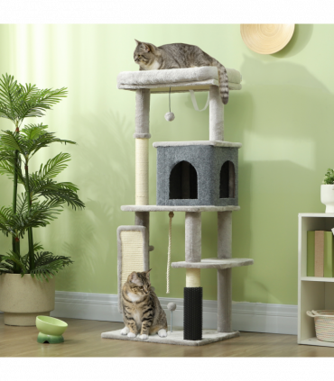 PawHut 132cm Cat Tree for Indoor Cats w/ Scratching Posts, Light Grey
