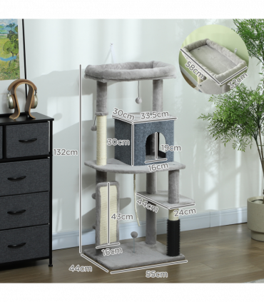 PawHut 132cm Cat Tree for Indoor Cats w/ Scratching Posts, Light Grey
