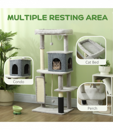 PawHut 132cm Cat Tree for Indoor Cats w/ Scratching Posts, Light Grey