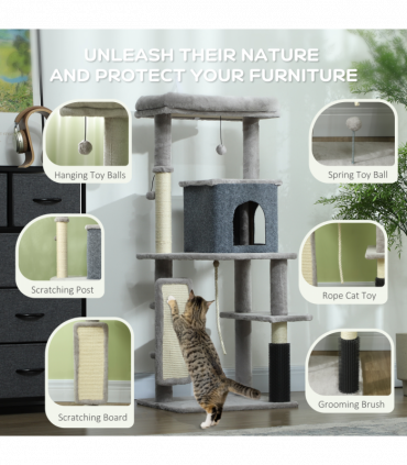PawHut 132cm Cat Tree for Indoor Cats w/ Scratching Posts, Light Grey