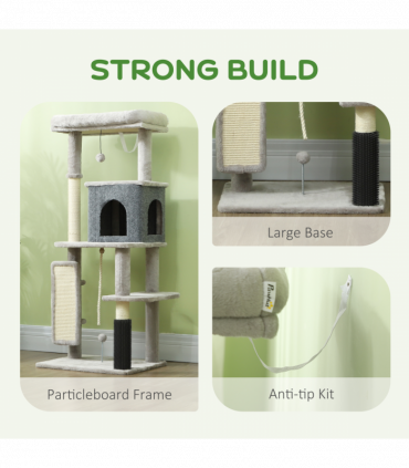 PawHut 132cm Cat Tree for Indoor Cats w/ Scratching Posts, Light Grey