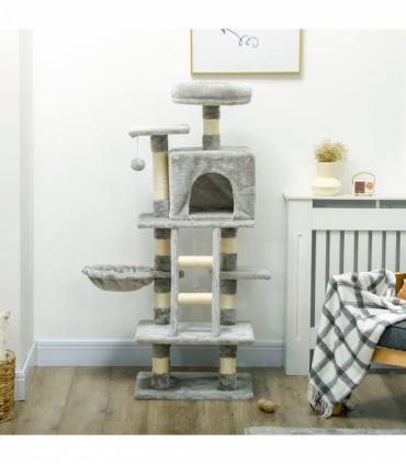 PawHut 132cm Multi-Activity Cat Tree w/ House Baskets Ladder Scratch Post Grey