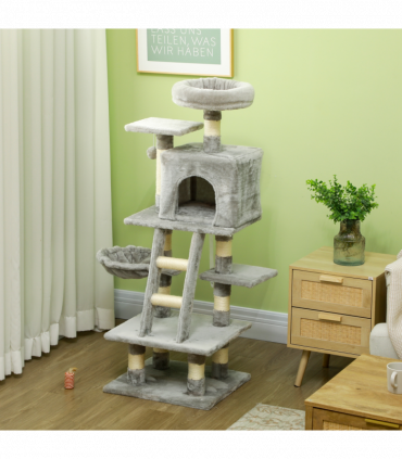 PawHut 132cm Multi-Activity Cat Tree w/ House Baskets Ladder Scratch Post Grey