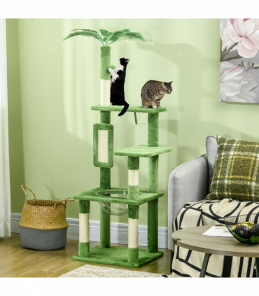PawHut 142cm Cat Tree Tower with Scratching Post Hammock Ball Platforms Green