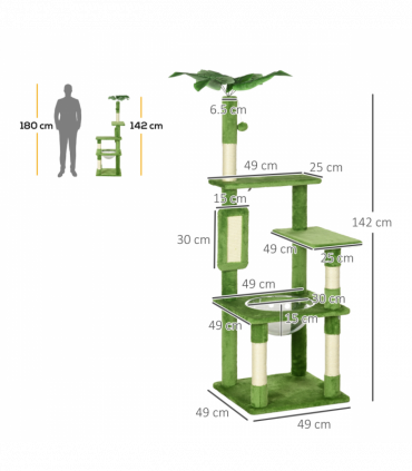 PawHut 142cm Cat Tree Tower with Scratching Post Hammock Ball Platforms Green