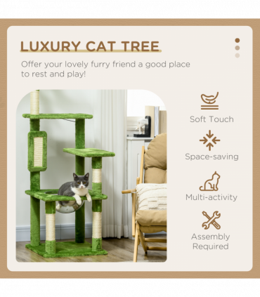 PawHut 142cm Cat Tree Tower with Scratching Post Hammock Ball Platforms Green