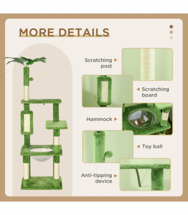 PawHut 142cm Cat Tree Tower with Scratching Post Hammock Ball Platforms Green