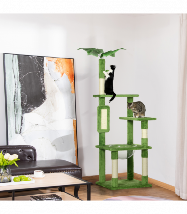 PawHut 142cm Cat Tree Tower with Scratching Post Hammock Ball Platforms Green