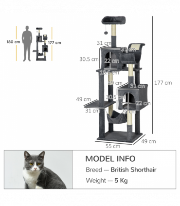 PawHut 177cm Cat Tree for Indoor Cats, Modern Cat Tower with Hammock - Dark Grey