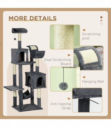 PawHut 177cm Cat Tree for Indoor Cats, Modern Cat Tower with Hammock - Dark Grey