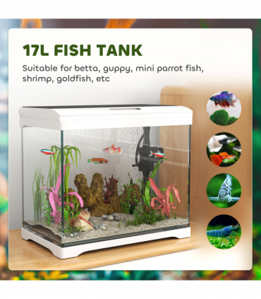 PawHut 17L Glass Fish Tank with Filter System, LED Light, Water Pump, White